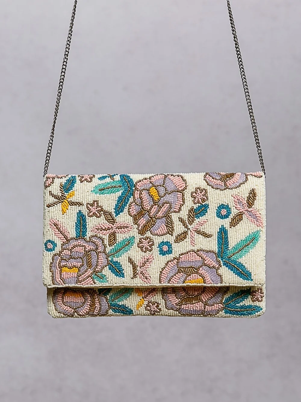 196 POL Beaded Floral Clutch in Cream with Pink & Teal Accents